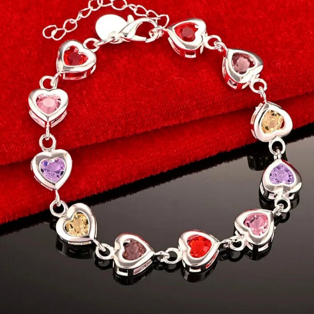Multi color heart chain bracelet 925 sterling silver 8” adjustable